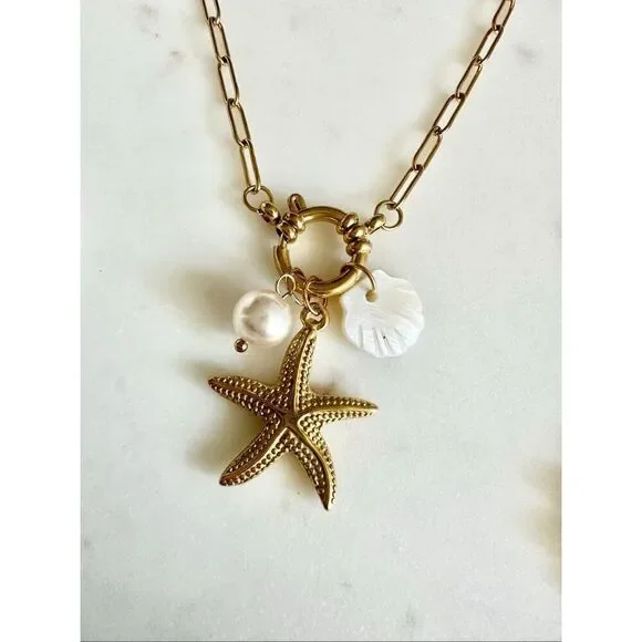 Starfish and faux pearl sea shell paper clip necklace - Picture 4 of 5